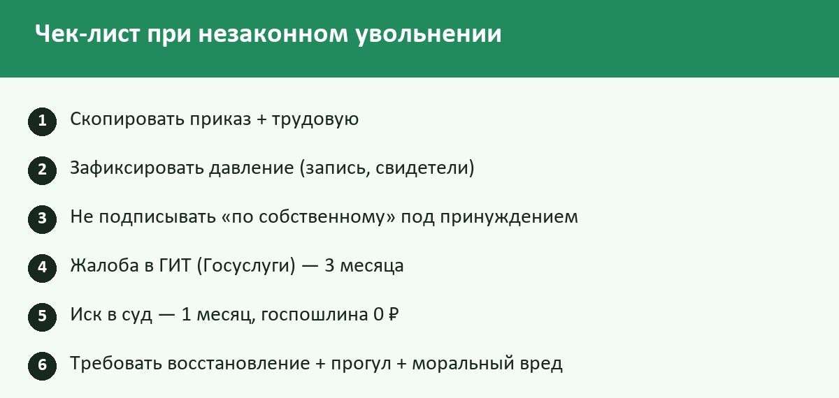 Чек-лист: Незаконное увольнение в 2026 году: что делать, восстановление, компенсация